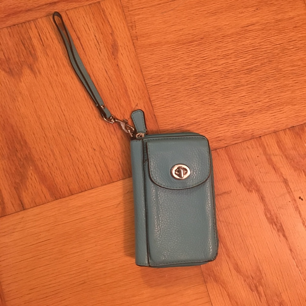 Blue Leather Wristlet Phone Wallet - Compact Everyday Wristlet